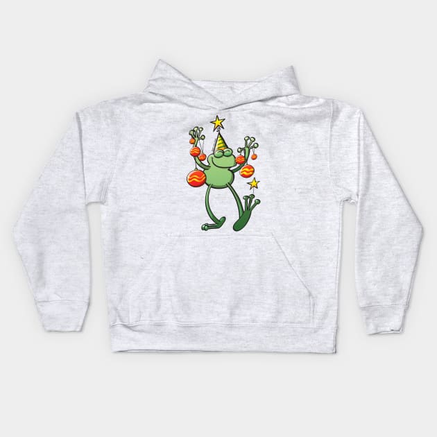 Smiling green frog decorating for Christmas Kids Hoodie by zooco